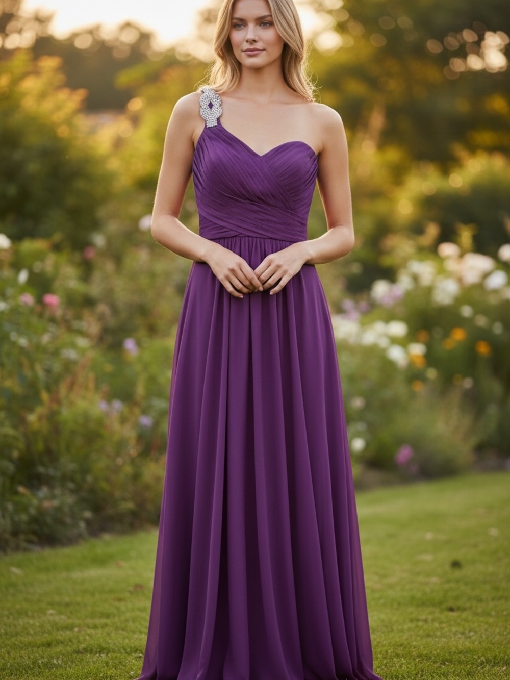Elegant One-Shoulder Purple Evening Gown